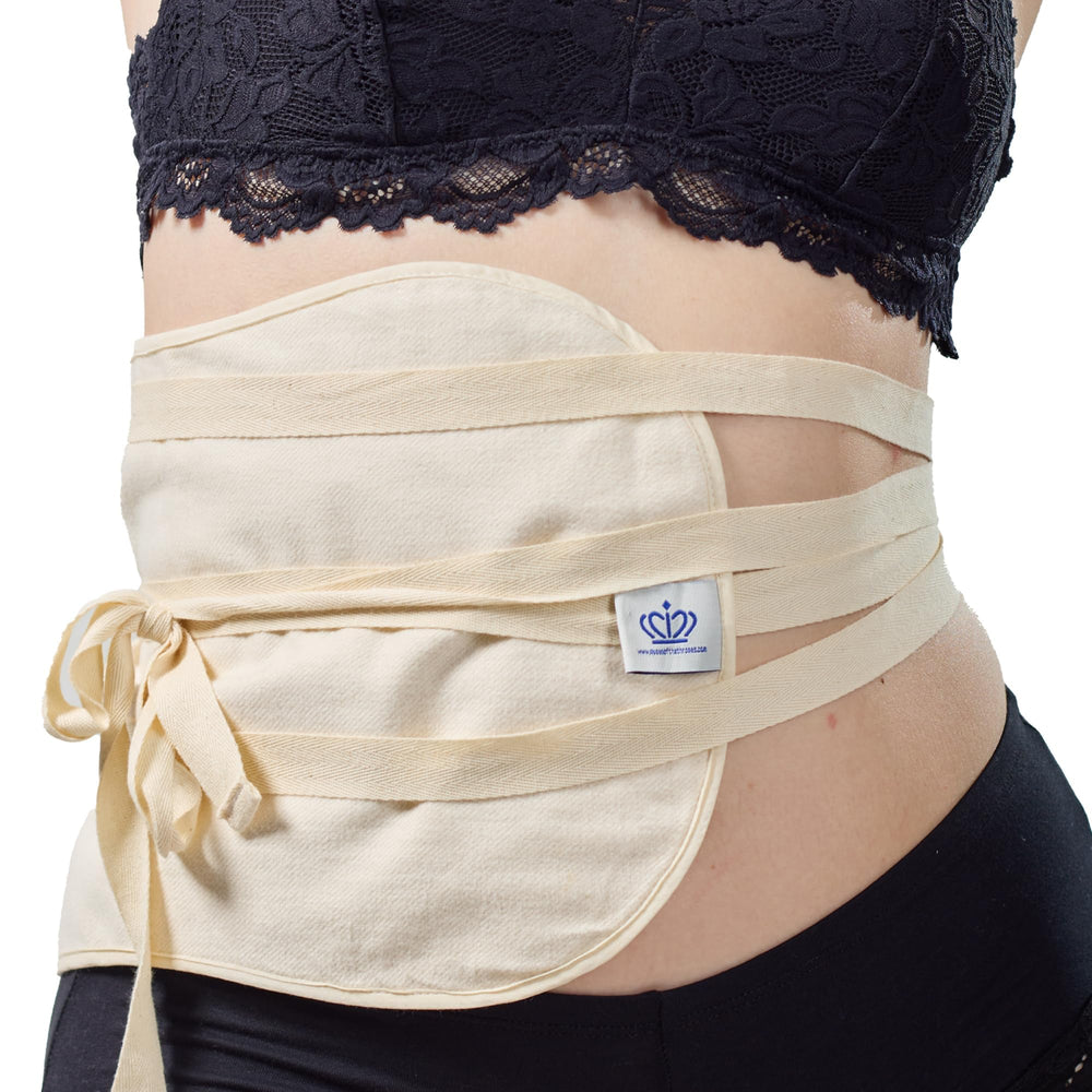 Queen of the Thrones strap and flannel ready for comfortable castor oil packing.