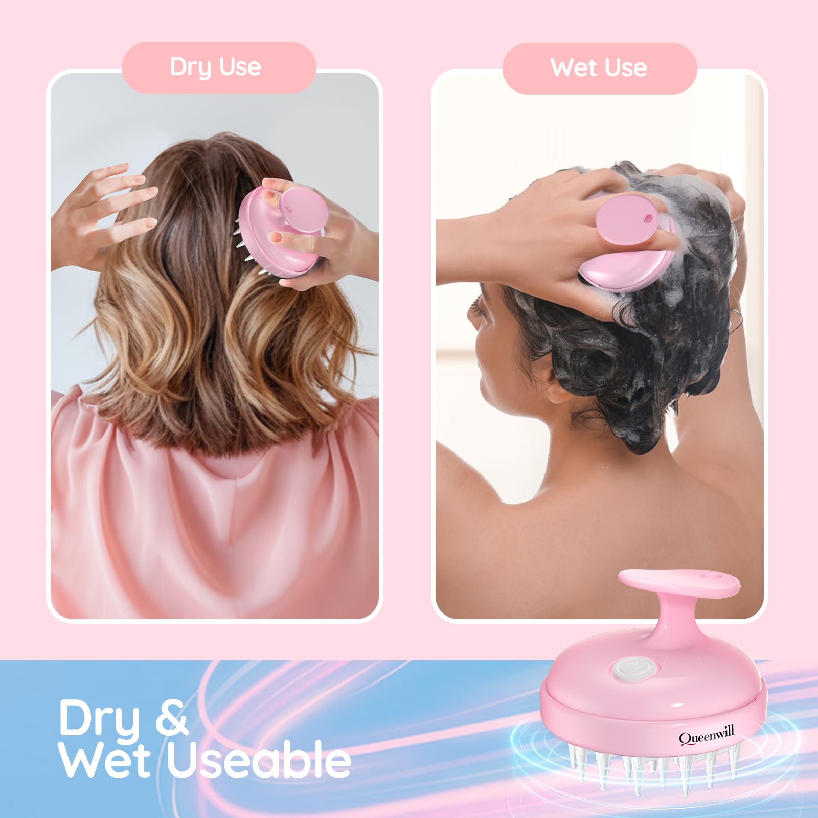 Queenwill electric scalp massager in shower, water-resistant for deeper cleansing.