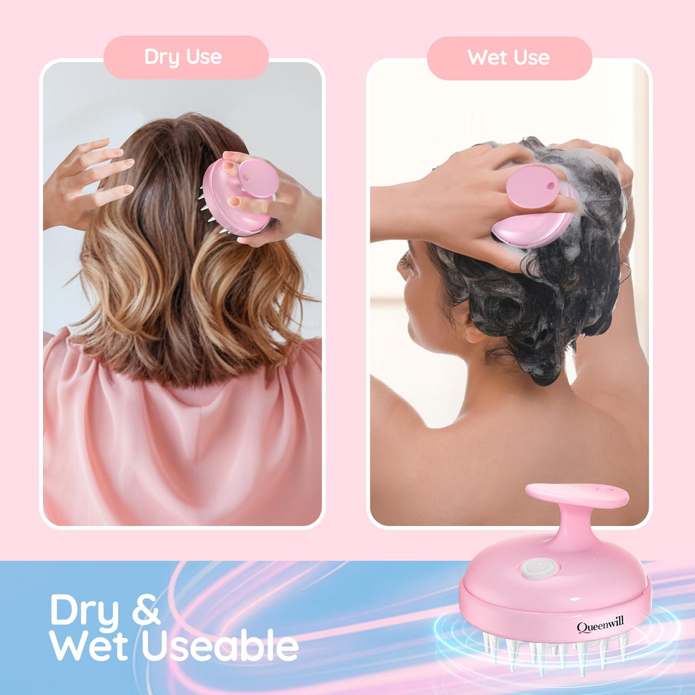 Queenwill electric scalp massager in shower, water-resistant for deeper cleansing.
