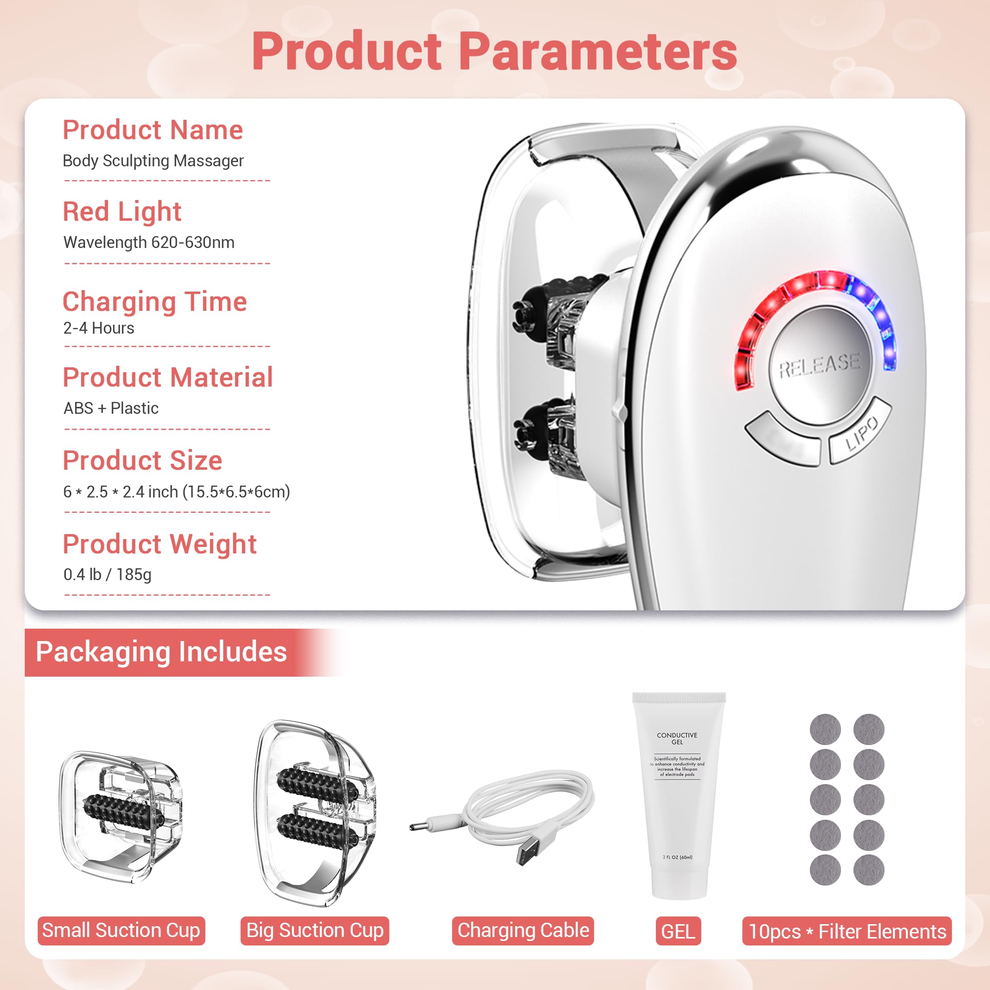 Queleay device interface shows adjustable massage modes and intensity levels.