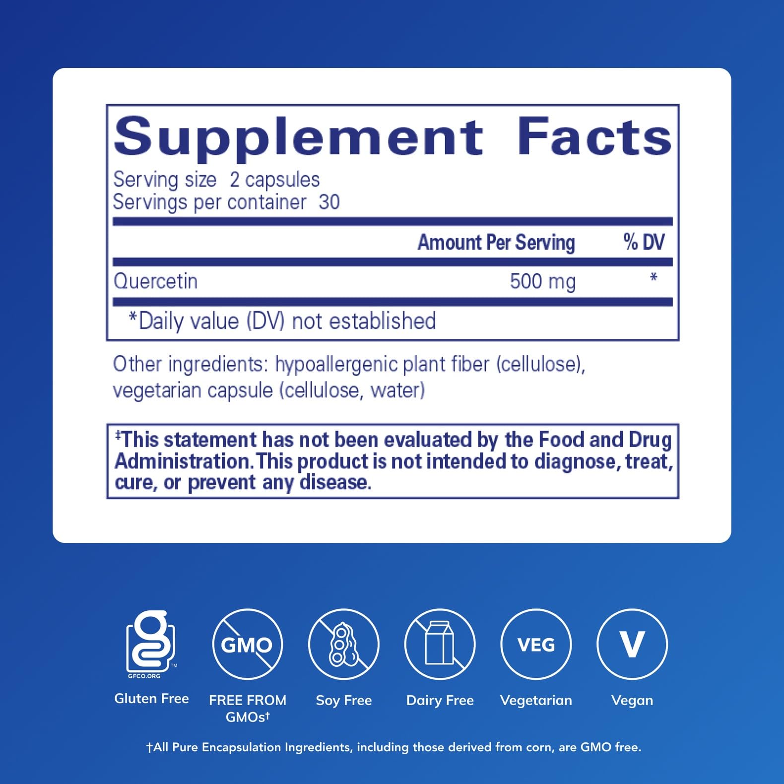 Quercetin 500mg capsules closeup highlighting compact daily supplement.