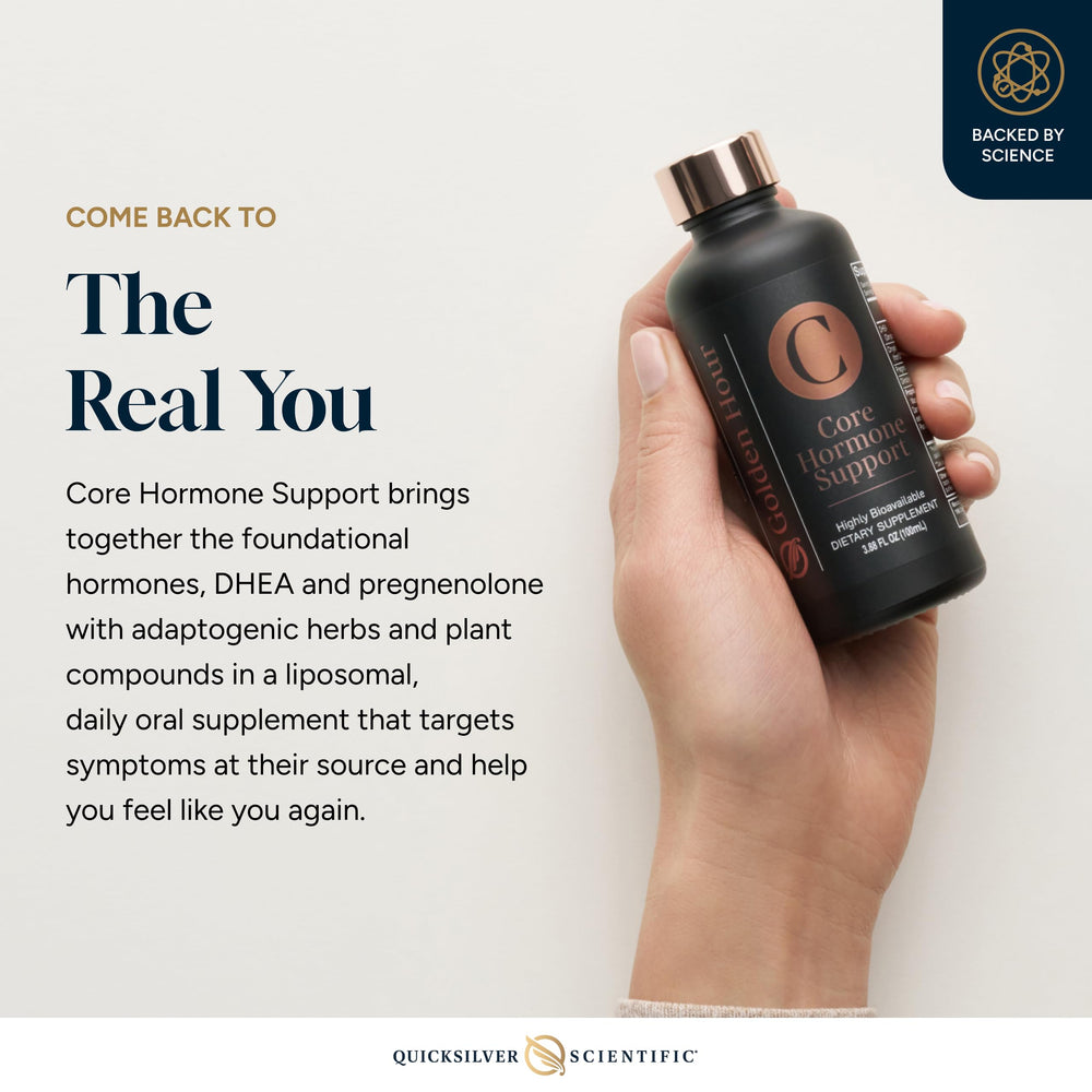 Quicksilver Core Hormone Support bottle pour for easy dosing.
