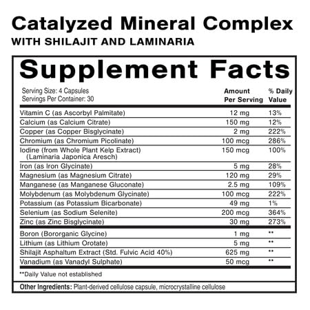 Quicksilver Dr. Shade's Catalyzed Mineral Complex label highlights Shilajit and Laminaria for absorption and energy.