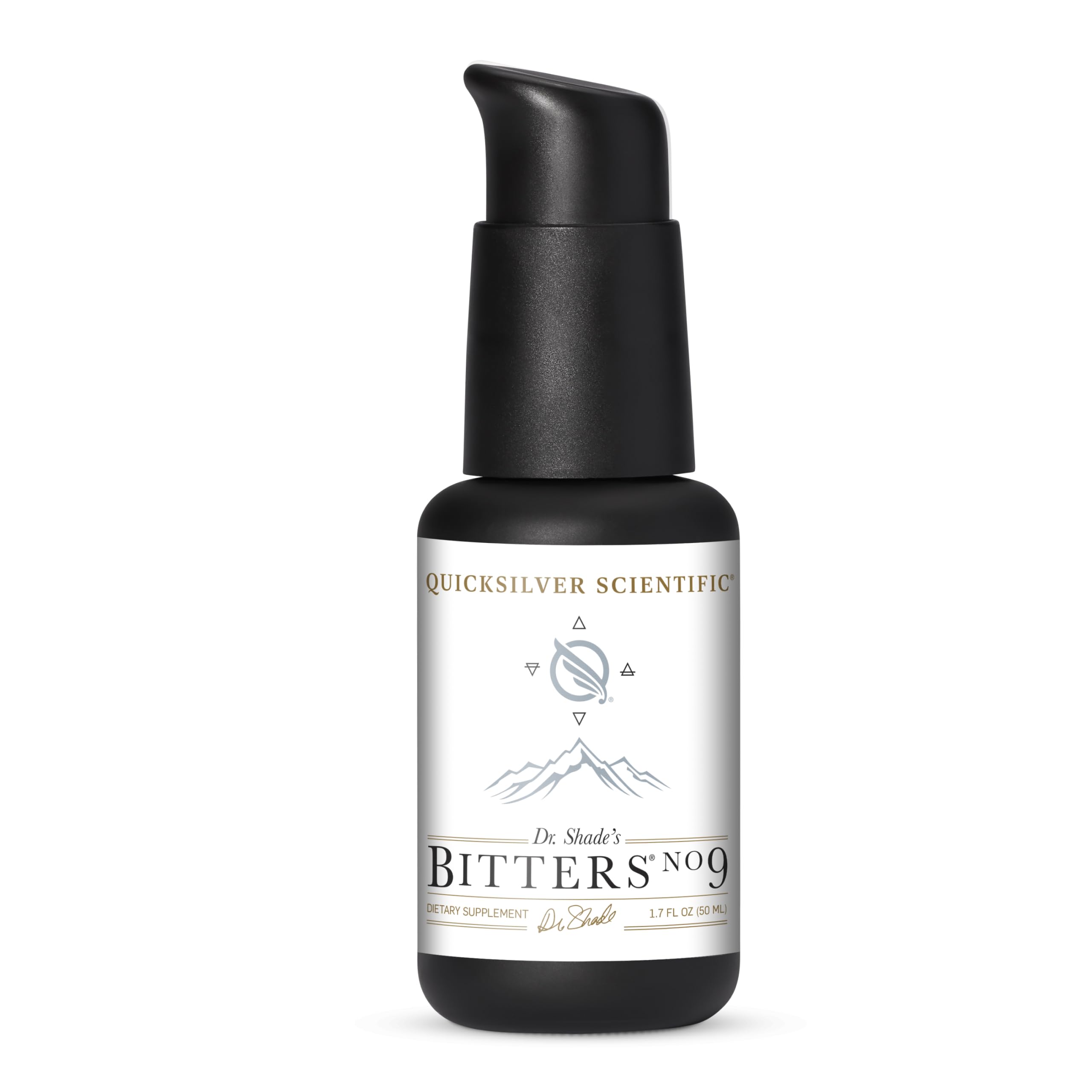 Quicksilver Scientific Dr. Shade's Bitters No. 9 bottle pour for quick digestive comfort after meals