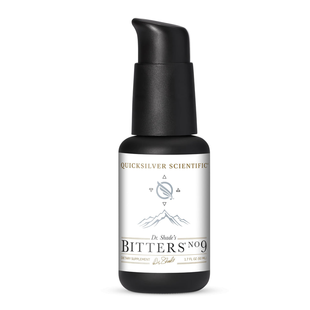 Quicksilver Scientific Dr. Shade's Bitters No. 9 bottle pour for quick digestive comfort after meals
