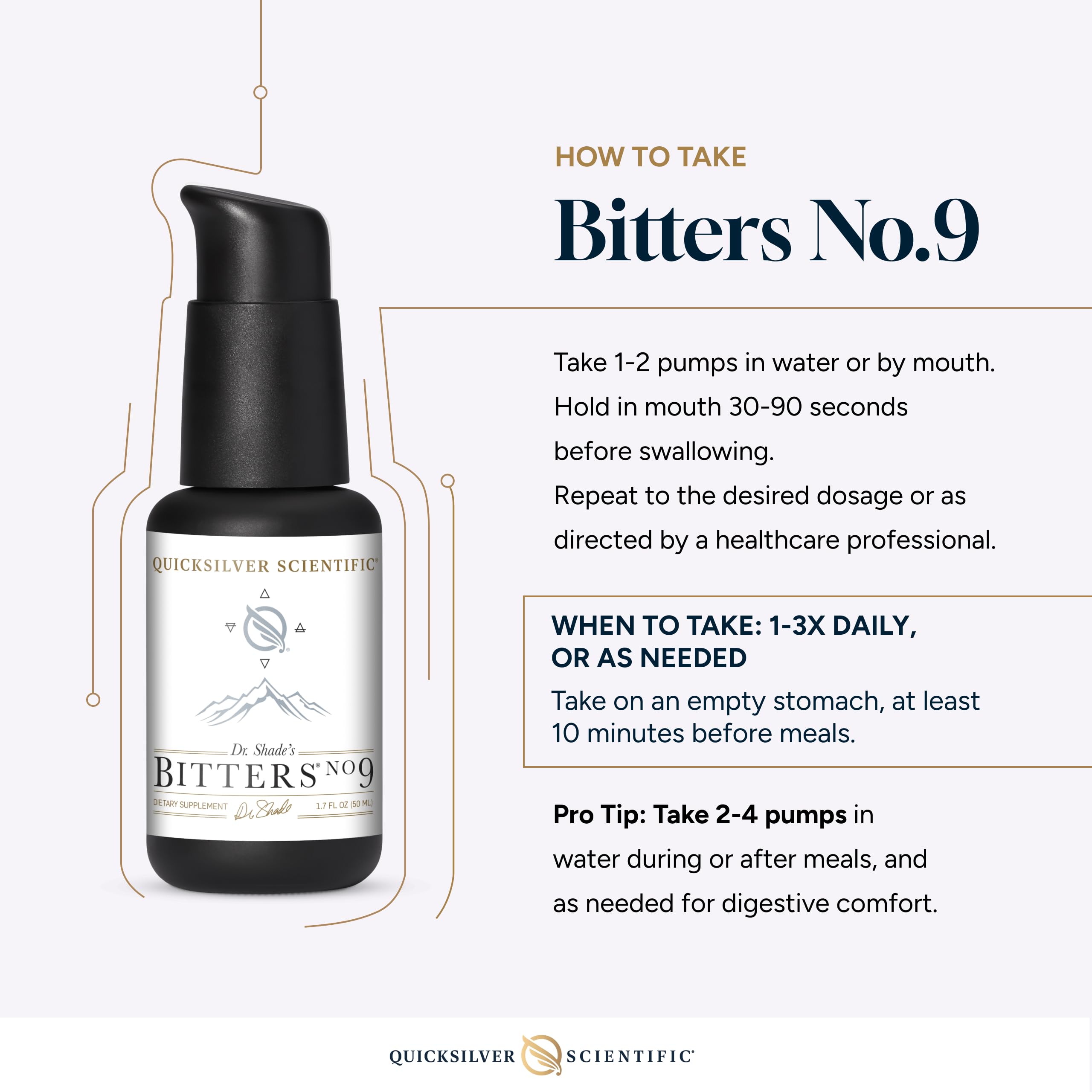 Quicksilver Scientific Dr. Shade's Bitters No. 9 bottle closeup shows essential oil blend