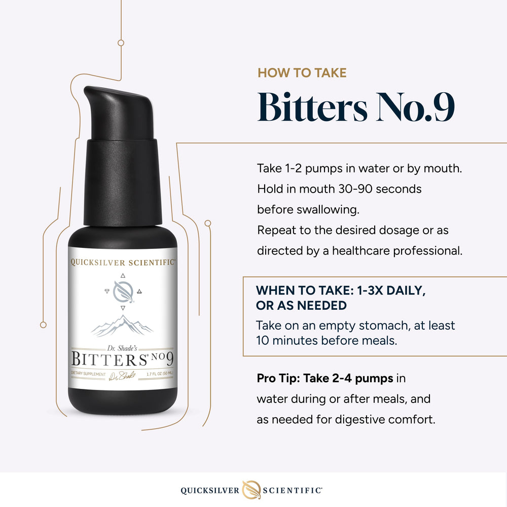 Quicksilver Scientific Dr. Shade's Bitters No. 9 bottle closeup shows essential oil blend