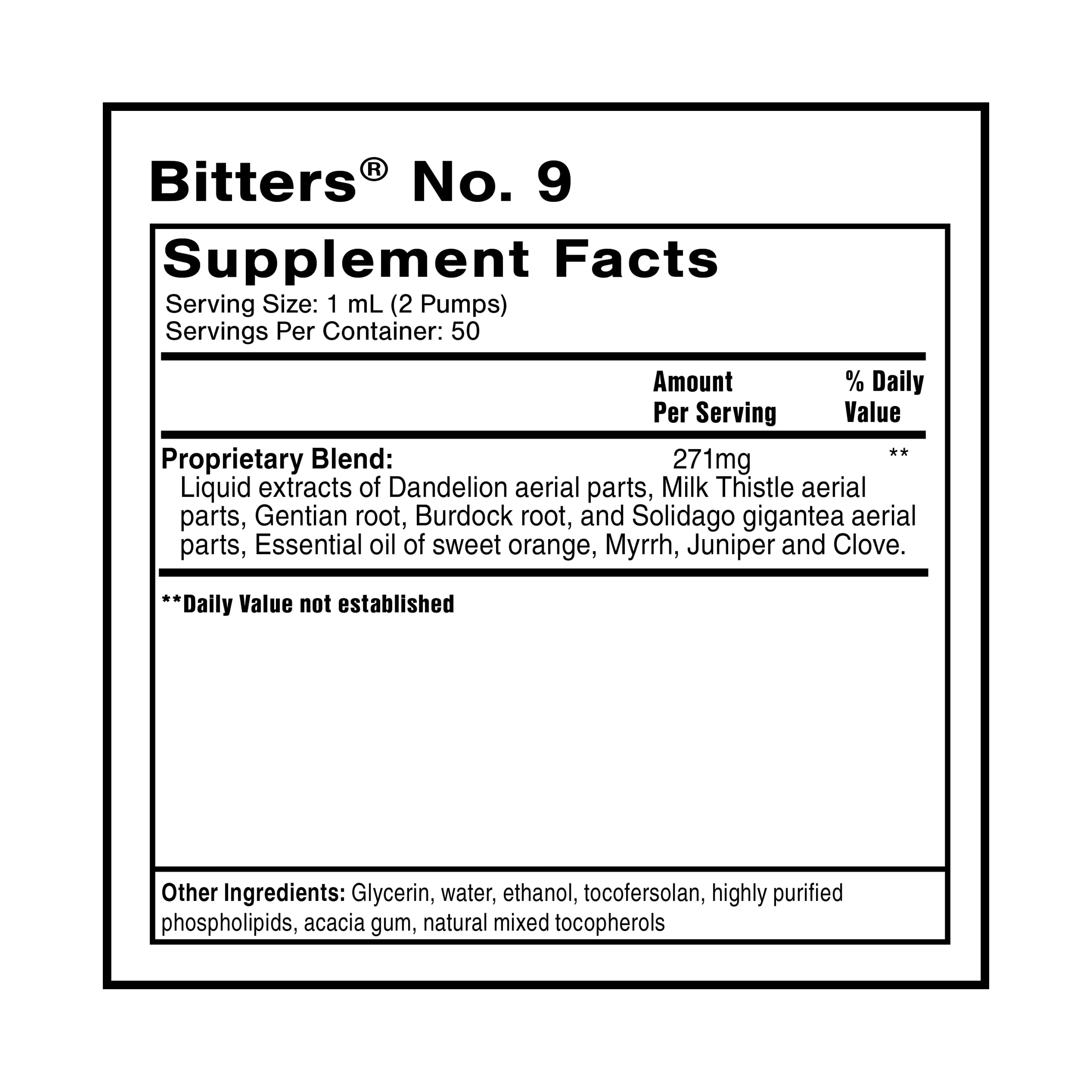 Quicksilver Scientific Dr. Shade's Bitters No. 9 label closeup highlighting premium herbal blend