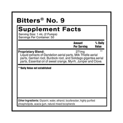 Quicksilver Scientific Dr. Shade's Bitters No. 9 label closeup highlighting premium herbal blend