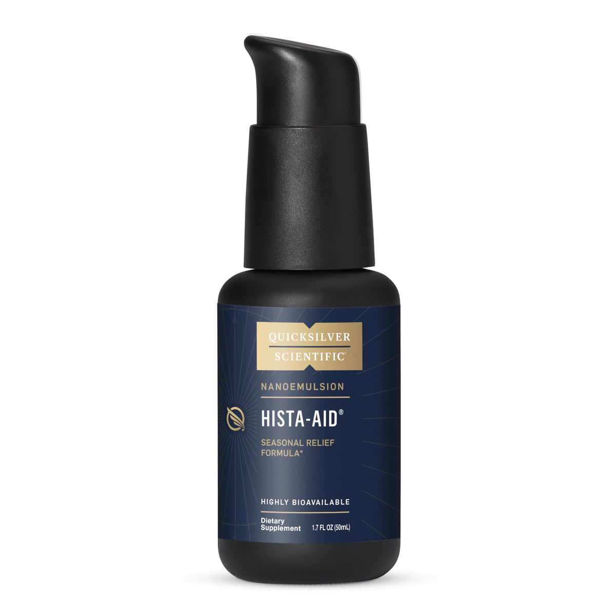 Quicksilver Scientific Hista-Aid bottle close-up, liposomal delivery for fast uptake.