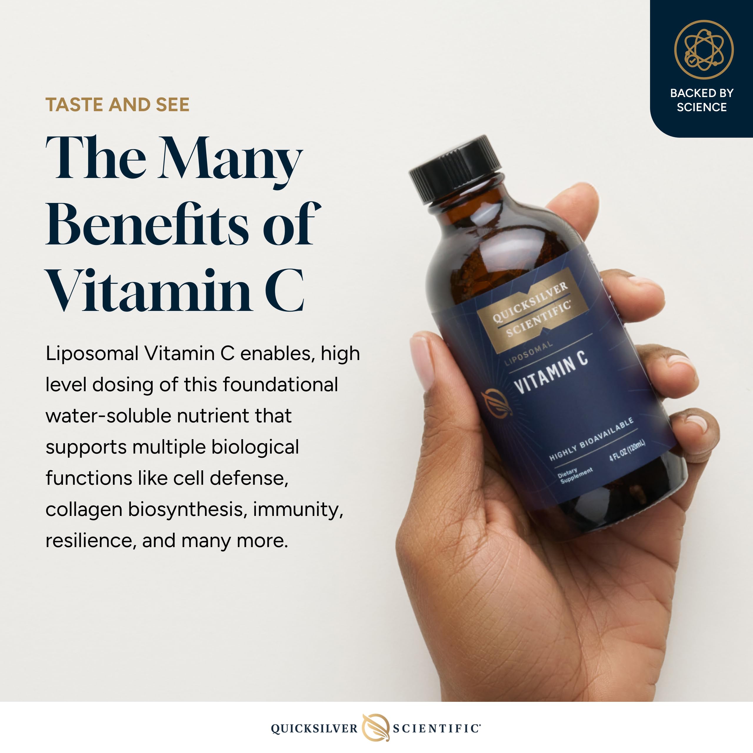 Quicksilver Scientific liposomal C bottle label closeup showcases high-grade ingredients and advanced delivery.