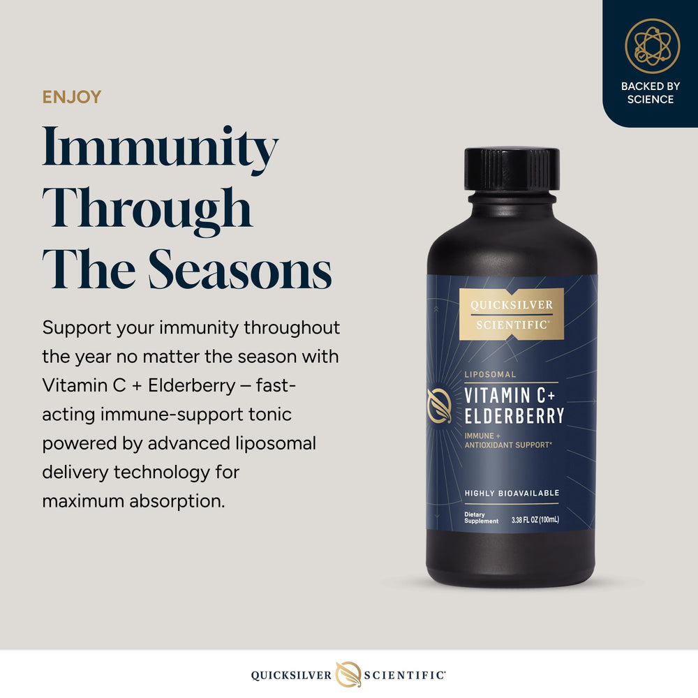 Quicksilver liposomal C+elderberry dropper close-up with precise dosing