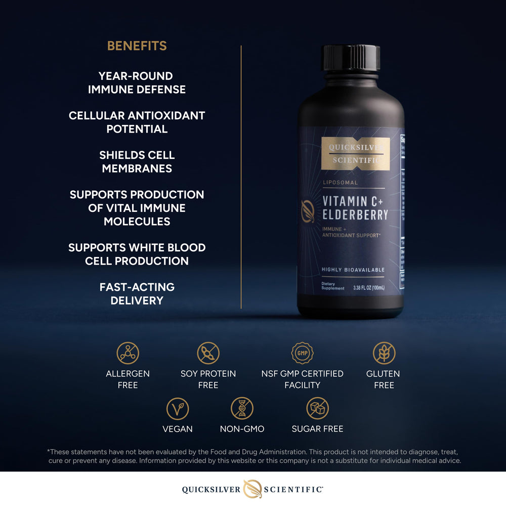Quicksilver Scientific label close-up highlighting vitamin C and elderberry blend