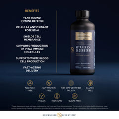 Quicksilver Scientific label close-up highlighting vitamin C and elderberry blend