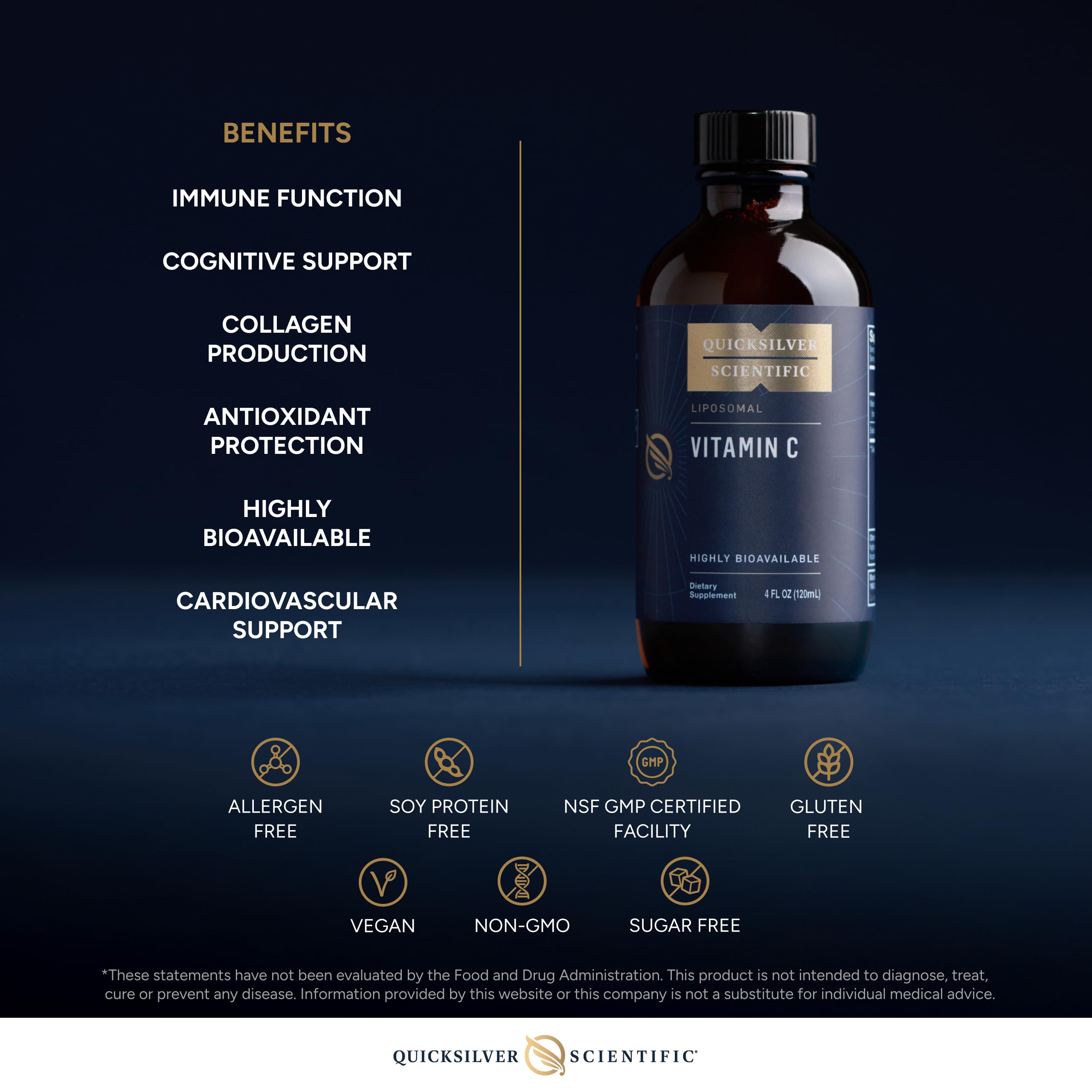 Quicksilver Scientific liposomal C glass bottle on shelf communicates premium formulation with gluten-free and non-GMO features.