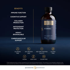 Quicksilver Scientific liposomal C glass bottle on shelf communicates premium formulation with gluten-free and non-GMO features.