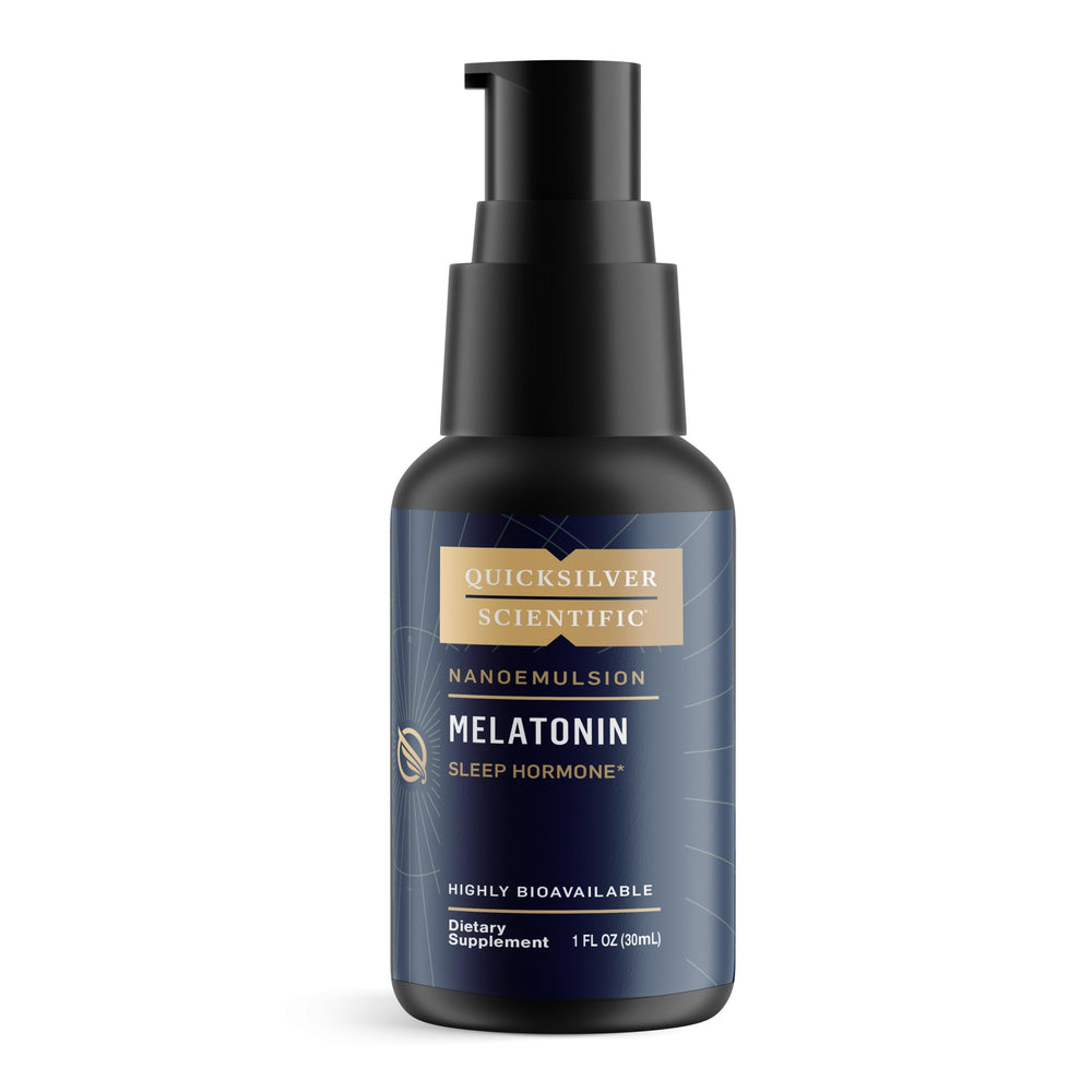 Quicksilver Scientific liposomal melatonin bottle promotes calm, restful nights.