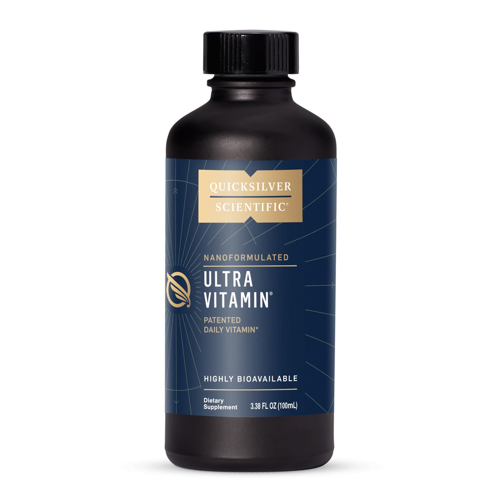 Quicksilver Scientific Liposomal Ultra Vitamin bottle pour highlighting rapid absorption for daily vitality.