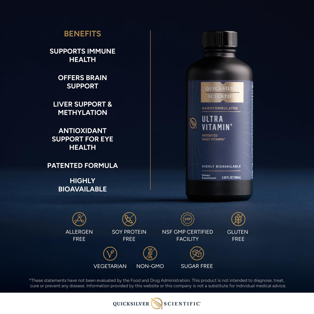 Quicksilver Scientific Liposomal Ultra Vitamin label close-up highlights liposomal technology.