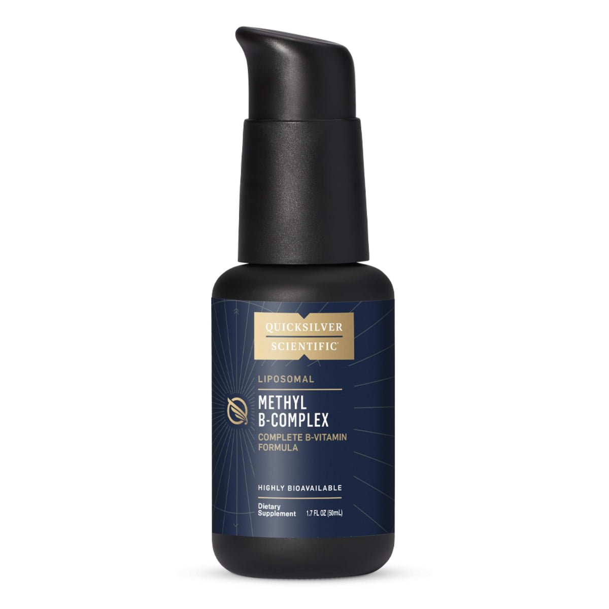 Quicksilver Scientific Methyl B Complex bottle pour showing fast liposomal absorption.