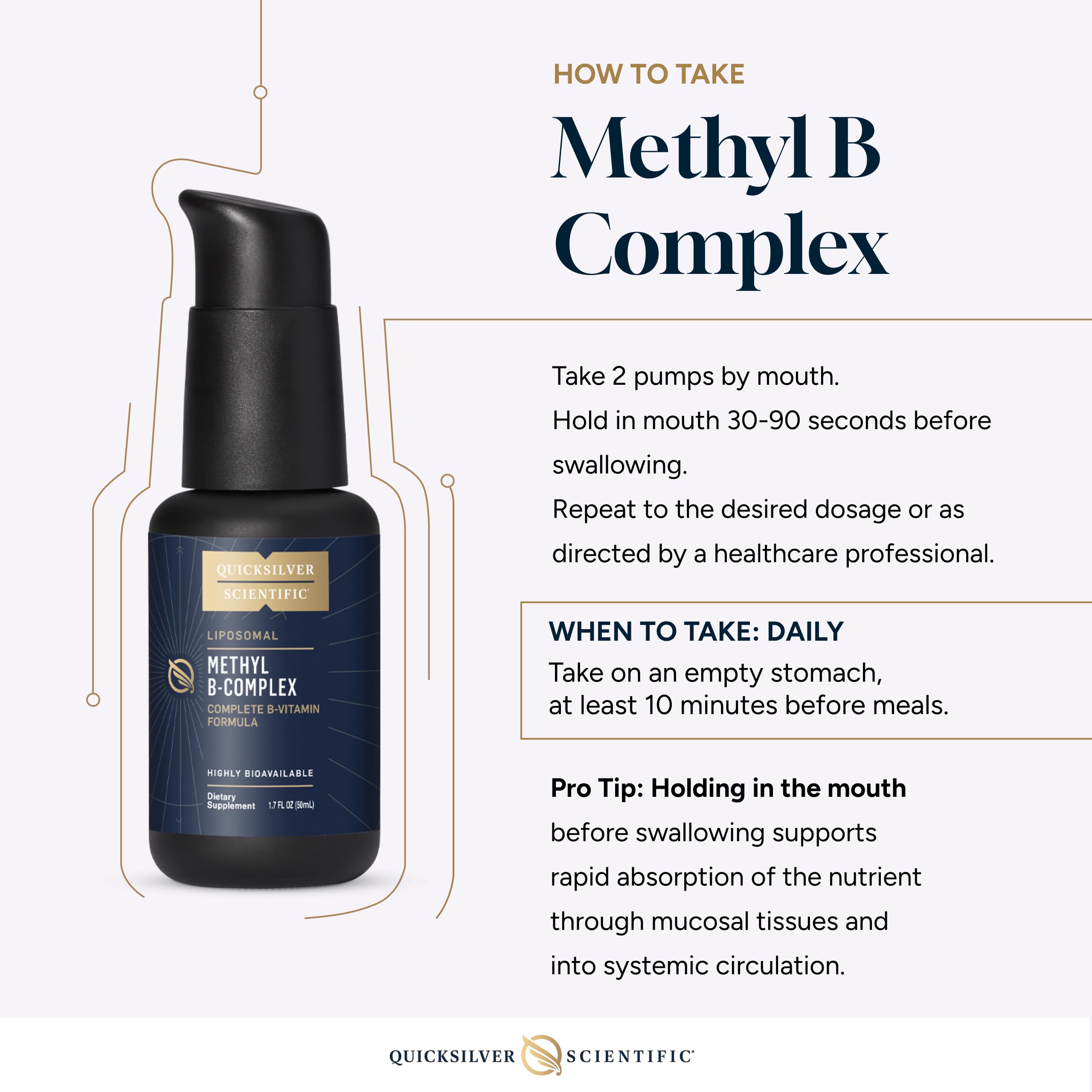 Quicksilver Scientific Methyl B Complex bottle top shot for easy dosing.