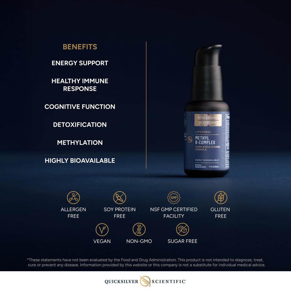 Quicksilver Scientific Methyl B Complex label closeup with premium B vitamin forms.
