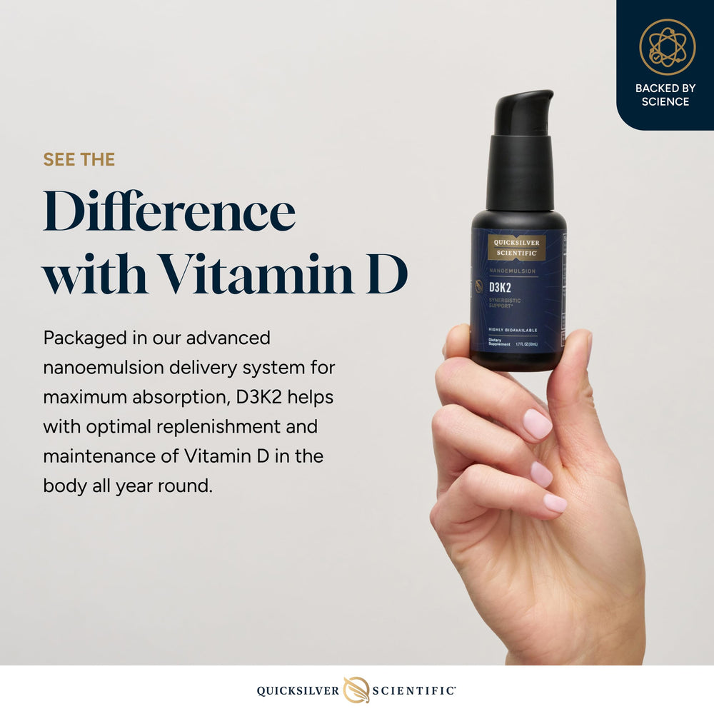 Quicksilver Scientific D3K2 bottle label highlights MK-7 and gluten-free formulation