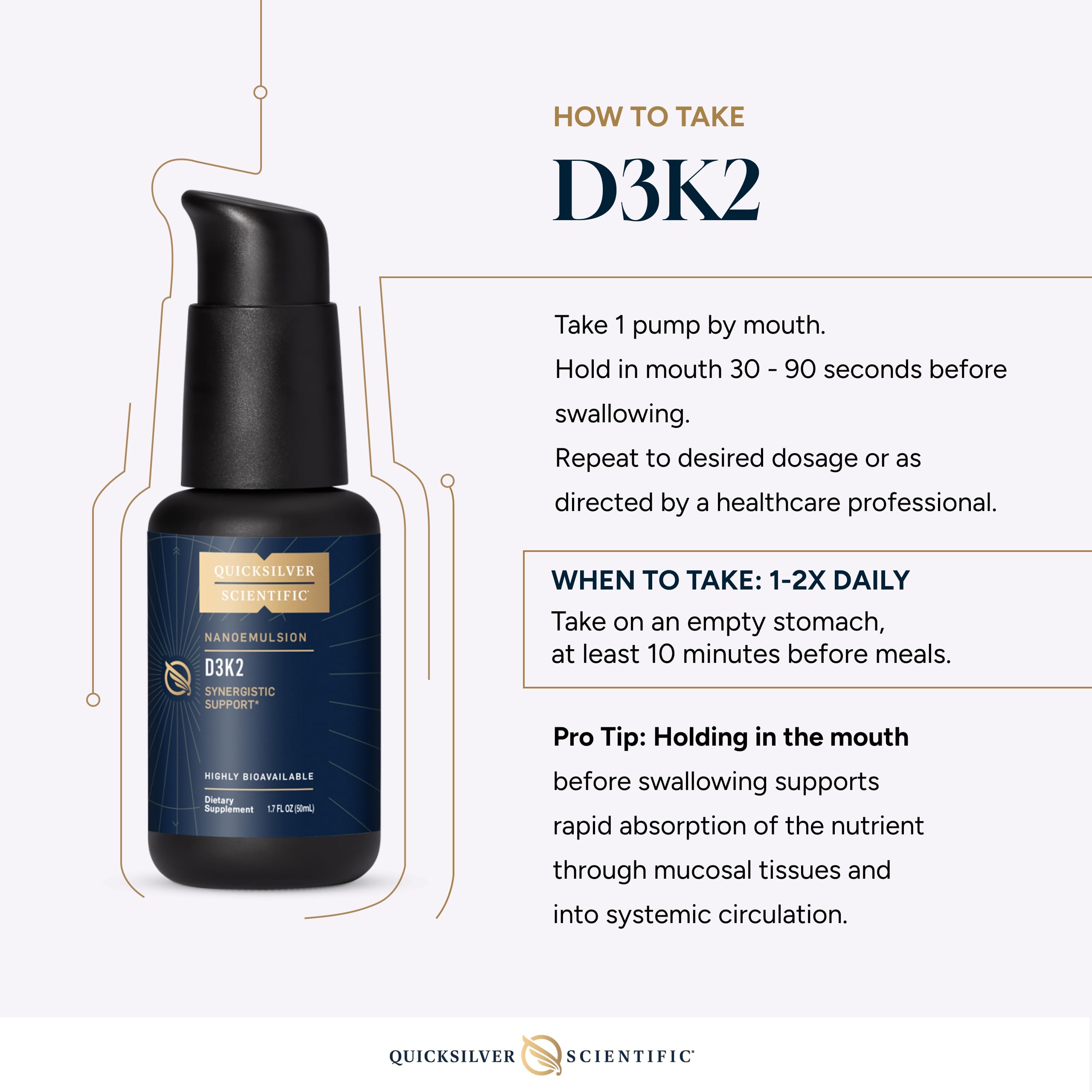 Quicksilver Scientific D3K2 serving info showing 2500 IU D3 and 90 mcg K2 per pump