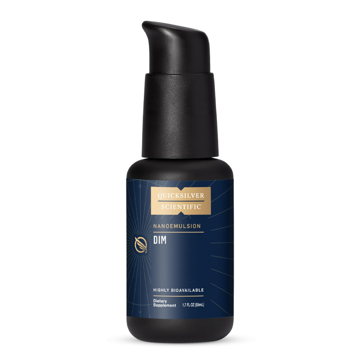 Quicksilver Scientific Nanoemulsified DIM bottle with dropper highlighting rapid absorption.