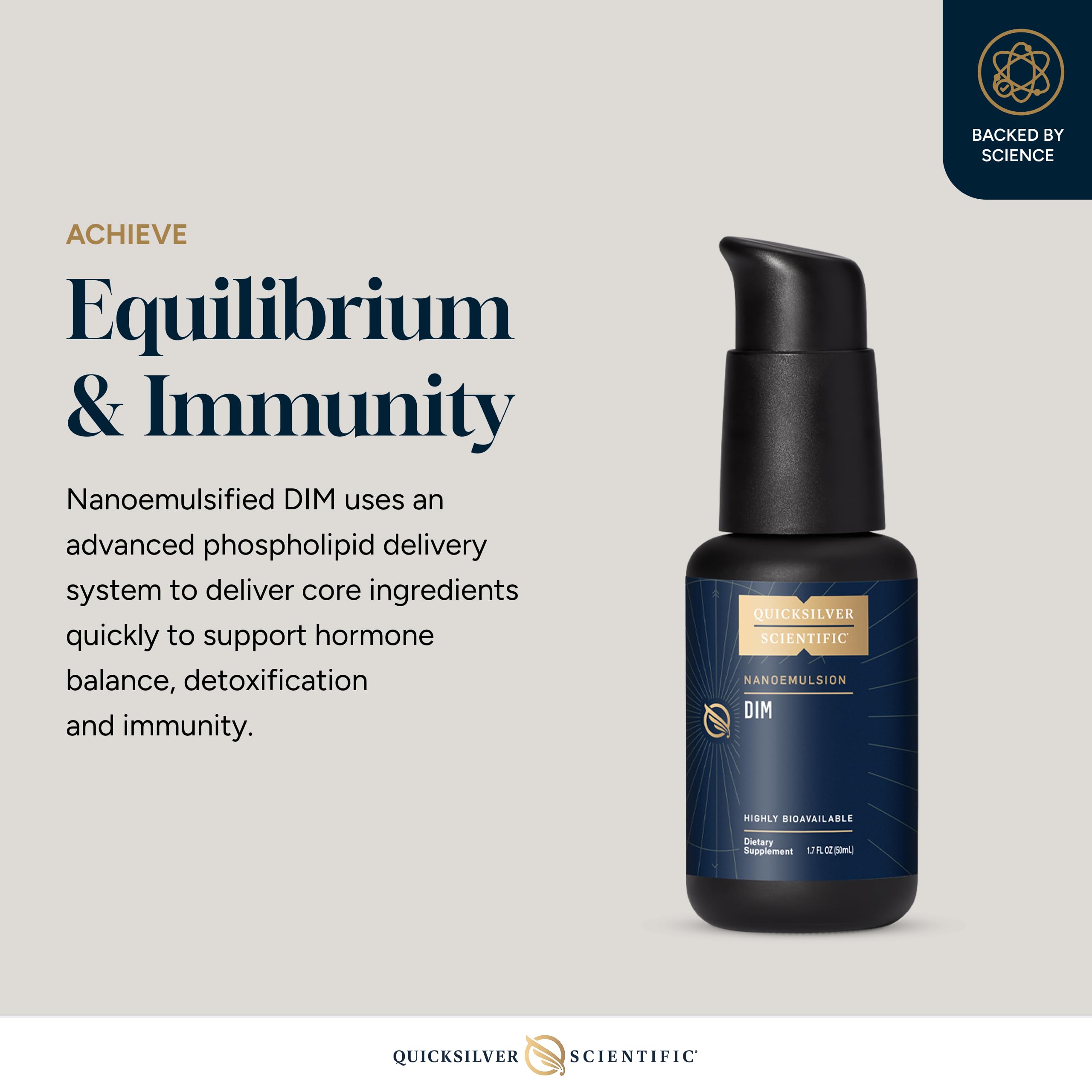 Quicksilver Scientific Nanoemulsified DIM packaging shows 1.7 oz / 50 ml size for easy daily use.