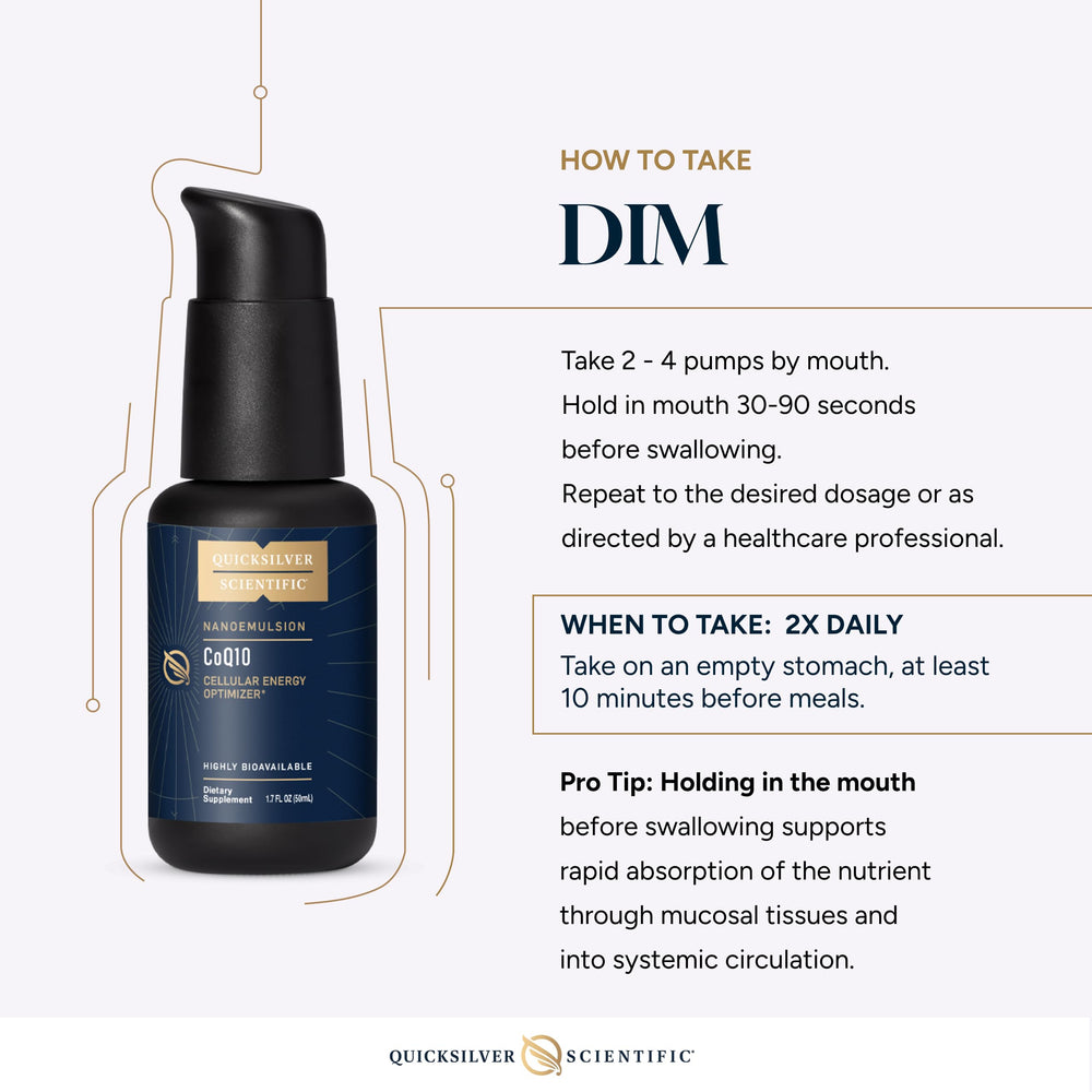 Quicksilver Scientific Nanoemulsified DIM packaging with vegan and soy-free icons.