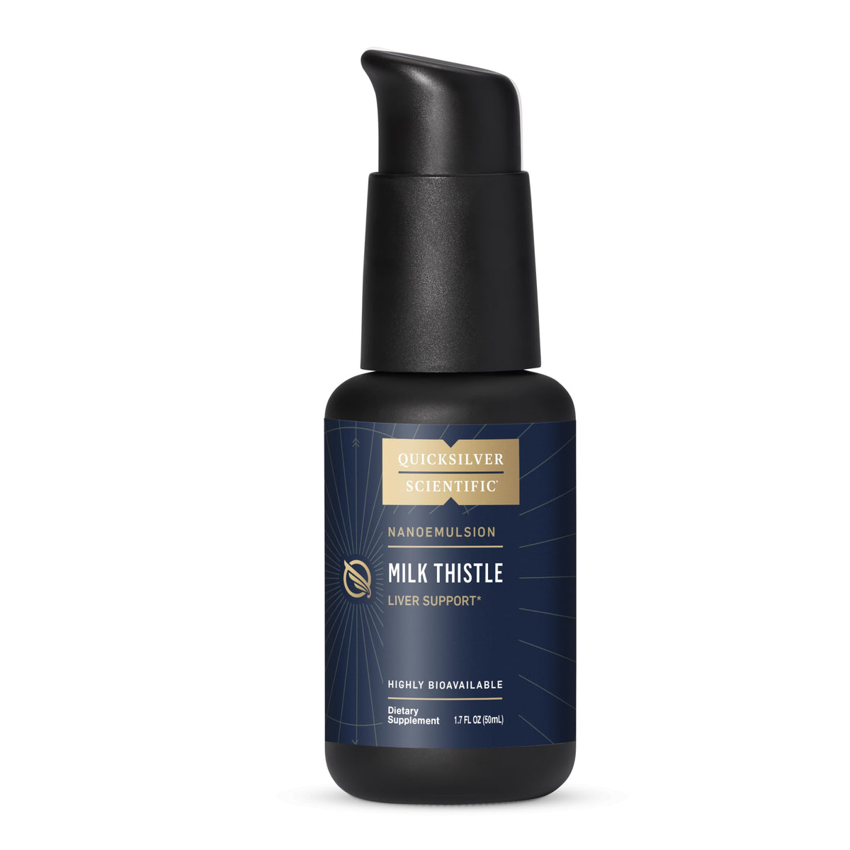 Quicksilver Scientific nanoemulsified milk thistle bottle showing potent liposome delivery and dosage clarity