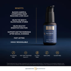 Quicksilver Scientific milk thistle label detail signaling purity and standardized silymarin content