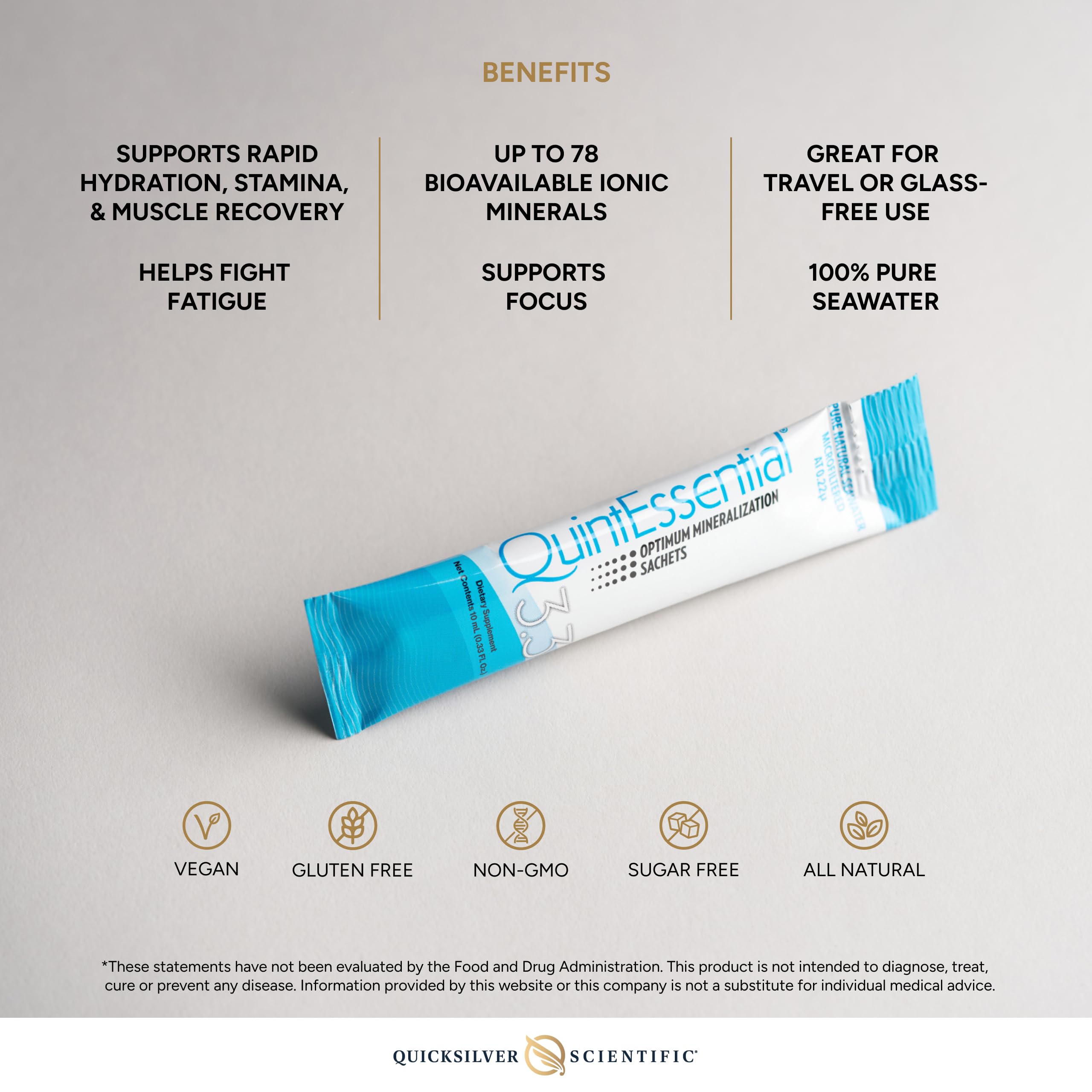 Quicksilver Quintessential 3.3 sachets poured into a glass for hydration and stamina.