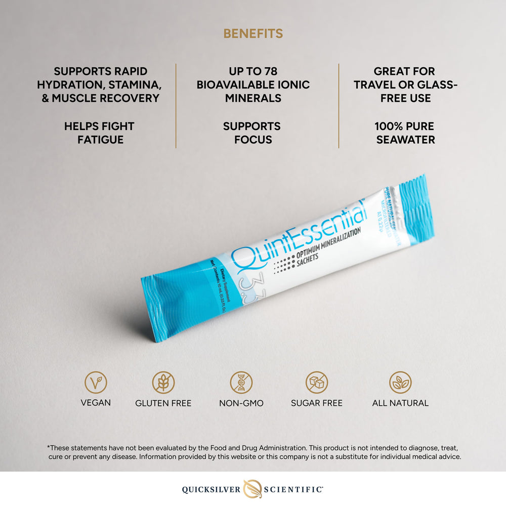 Quicksilver Quintessential 3.3 sachets poured into a glass for hydration and stamina.