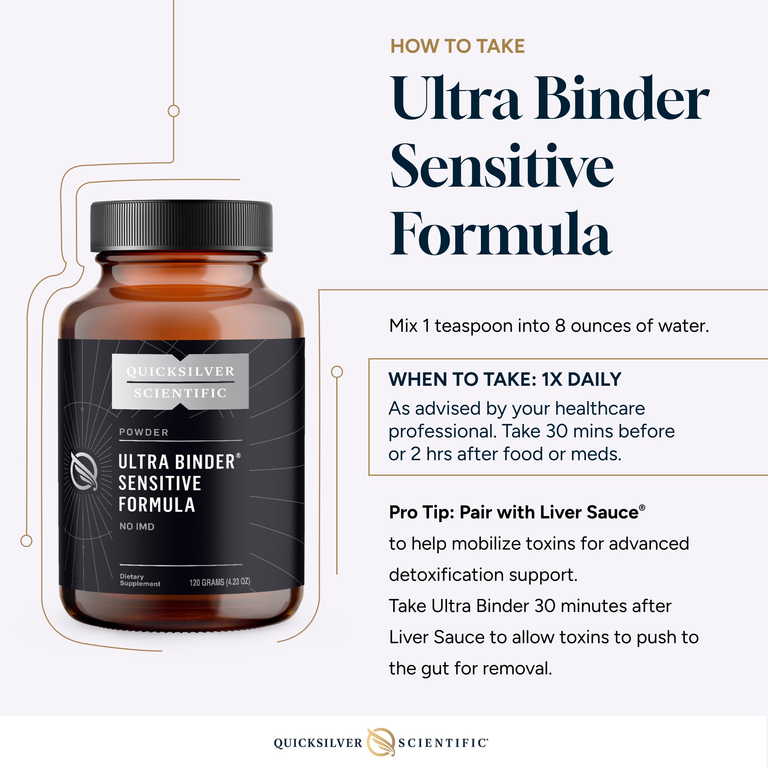 Quicksilver Ultra Binder Sensitive dosage guide on label for accurate serving