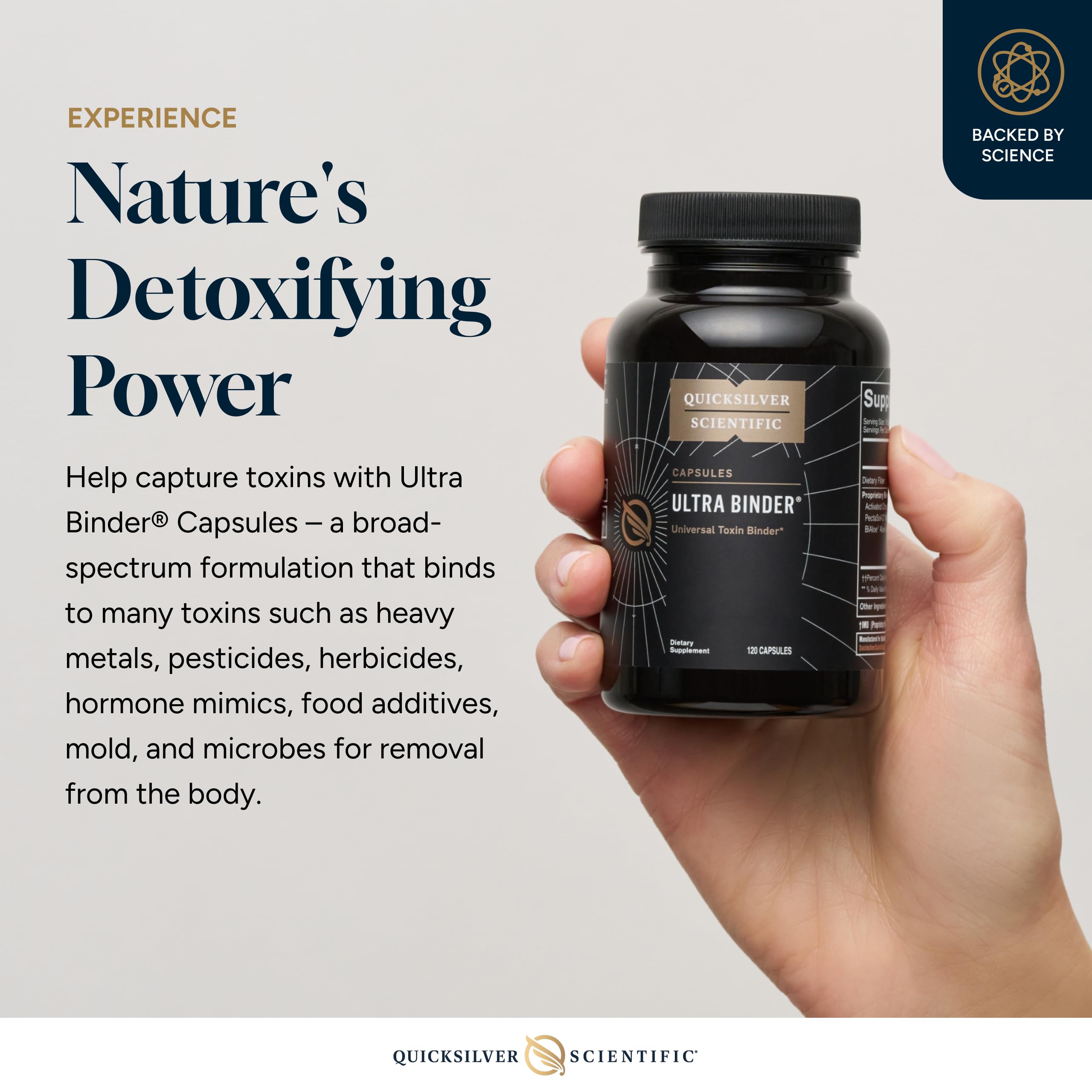 Quicksilver Ultra Binder ingredients panel with bentonite, zeolite, and charcoal