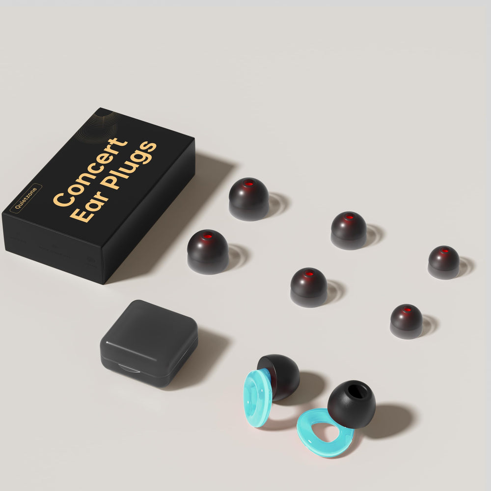 QuietZone concert ear plugs package showing three soft silicone tips included