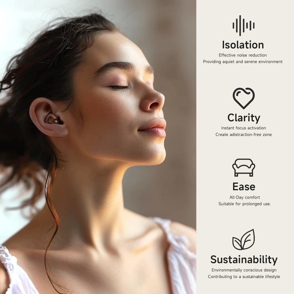 QuietZone soft silicone ear tips in S, M, L for a comfortable, secure fit.