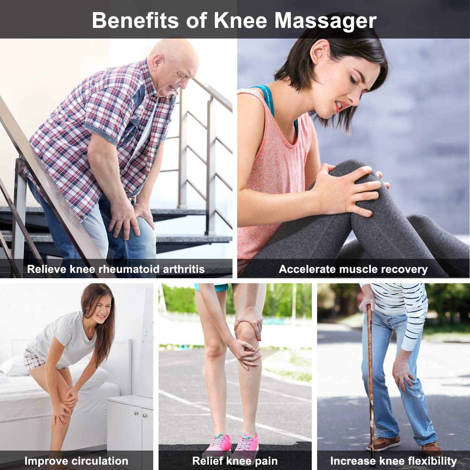 QUINEAR adjustable knee brace wrap highlighting fit for various thigh sizes.