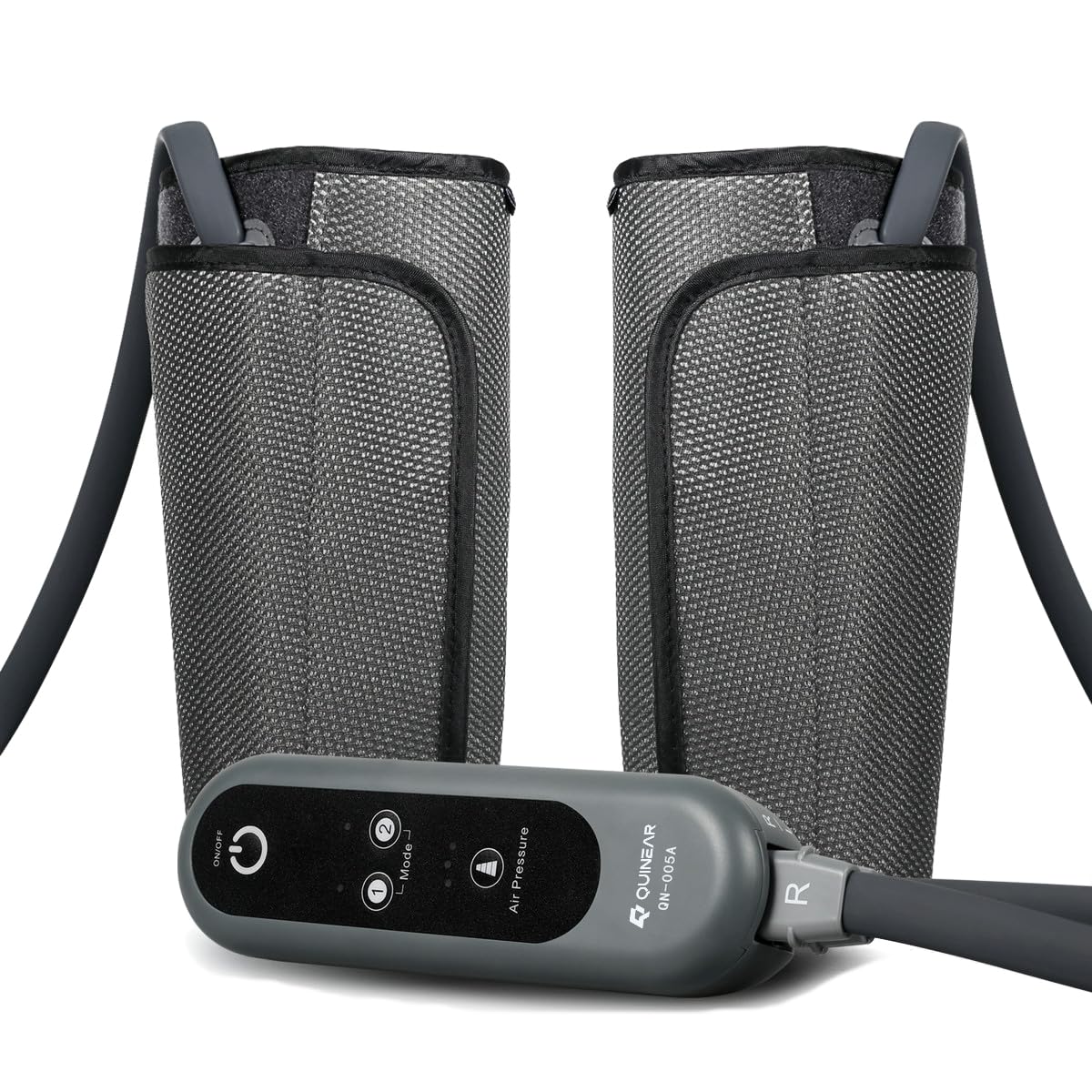 QUINEAR air compression leg massager calf wrap on leg for enhanced circulation.