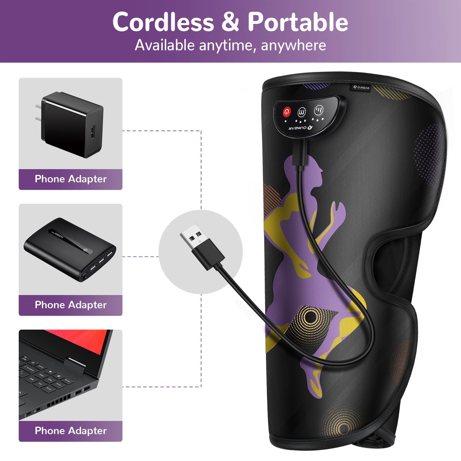 Quinear airbag system inflating softly to massage calves with steady pressure.