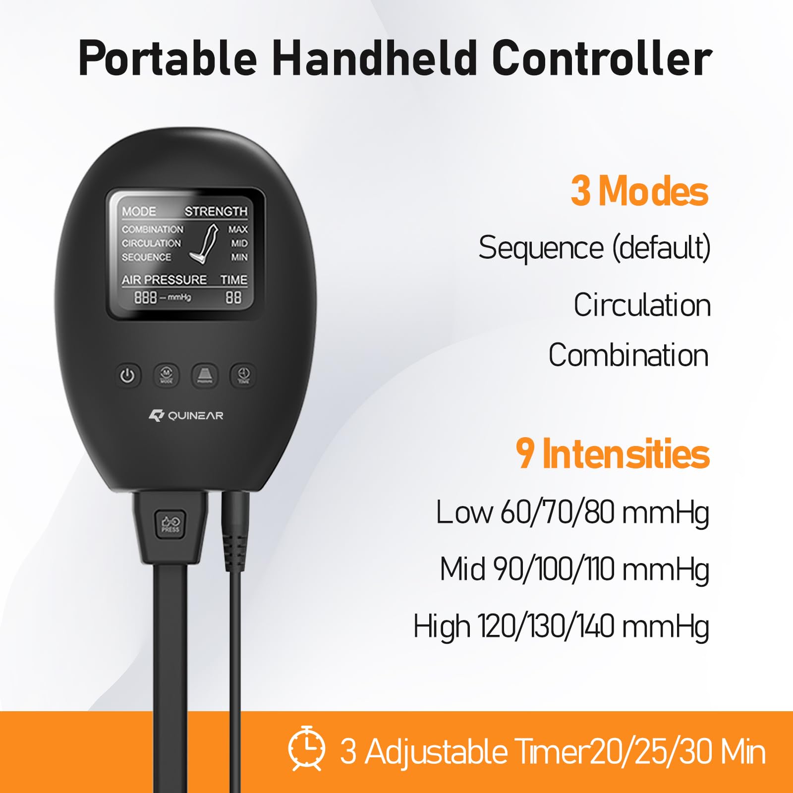 Quinear digital controller provides clear pressure levels across 60-140 mmHg.
