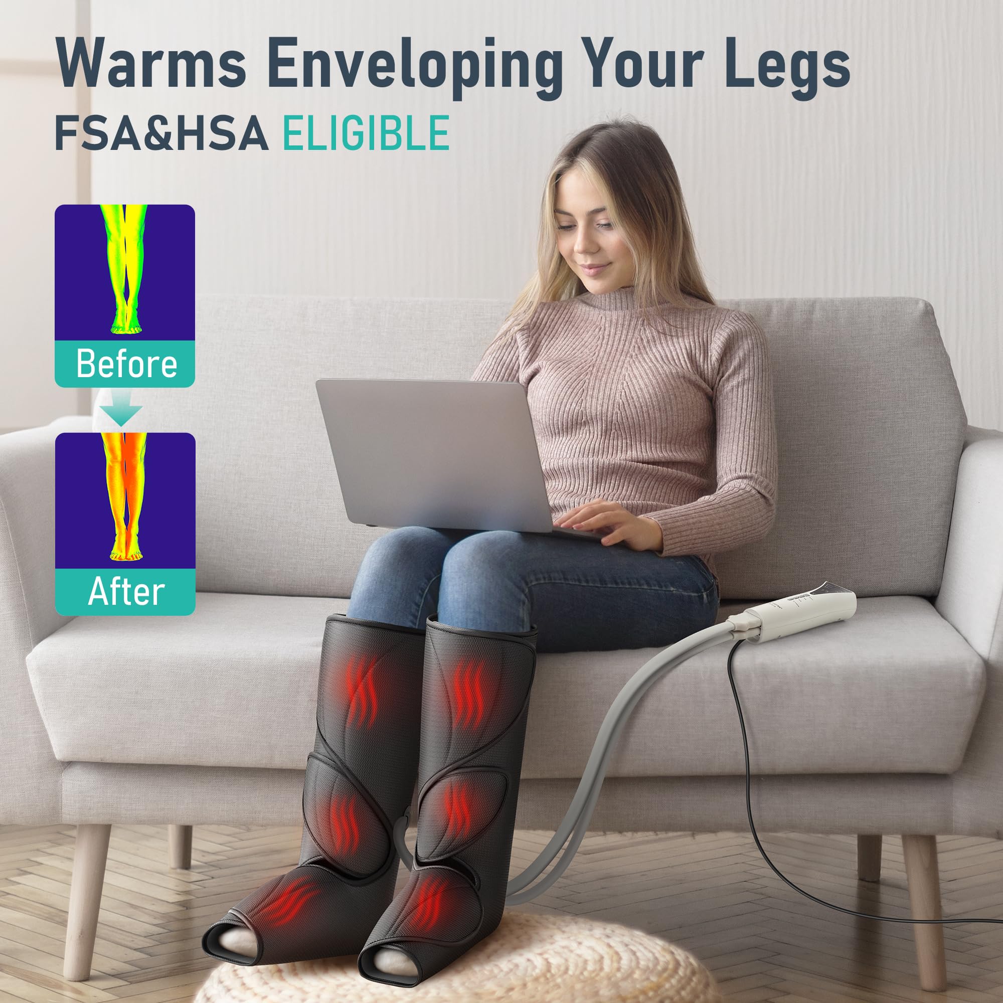 QUINEAR leg massager airbags in action providing gentle compression