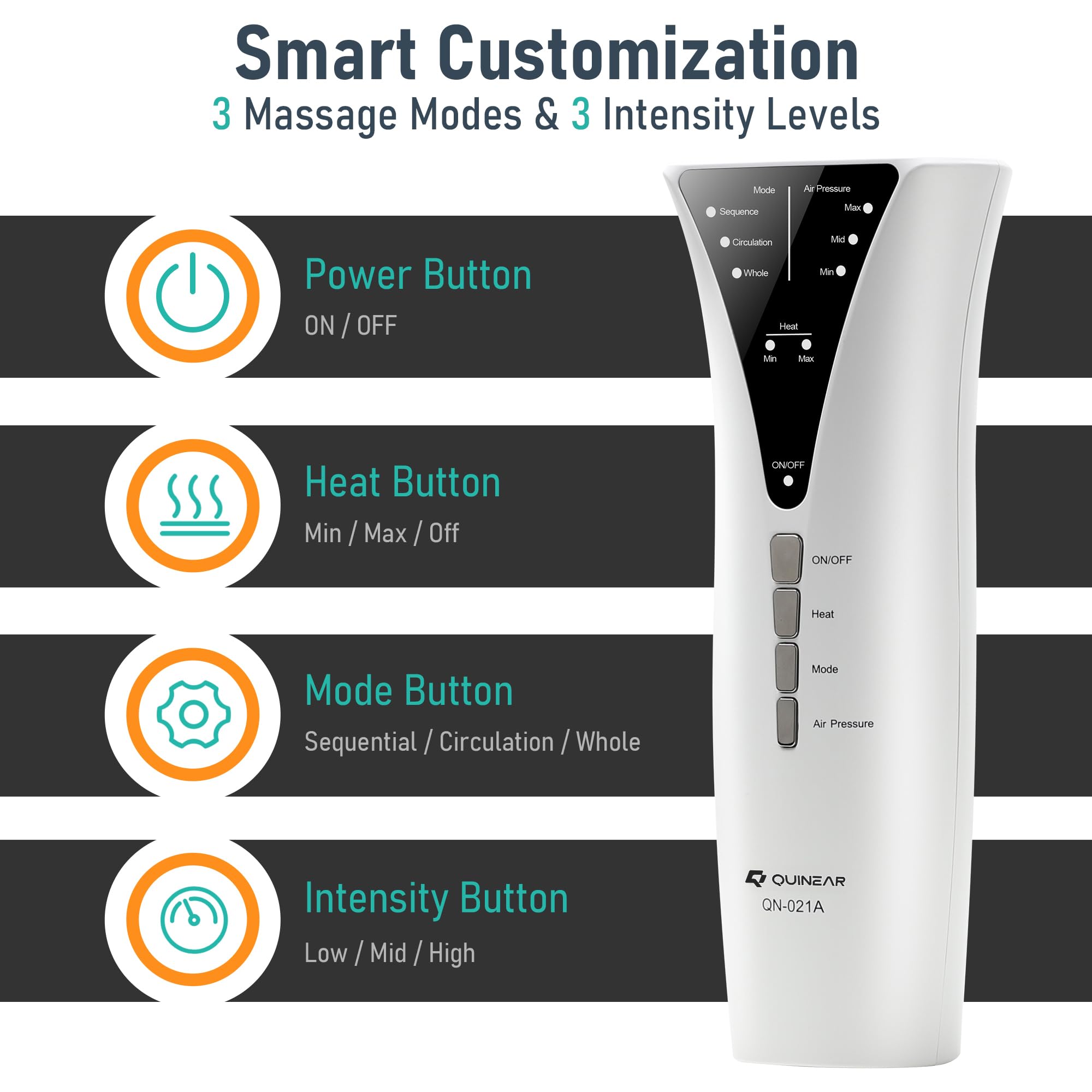 QUINEAR leg massager heat levels illustrated for warmth options