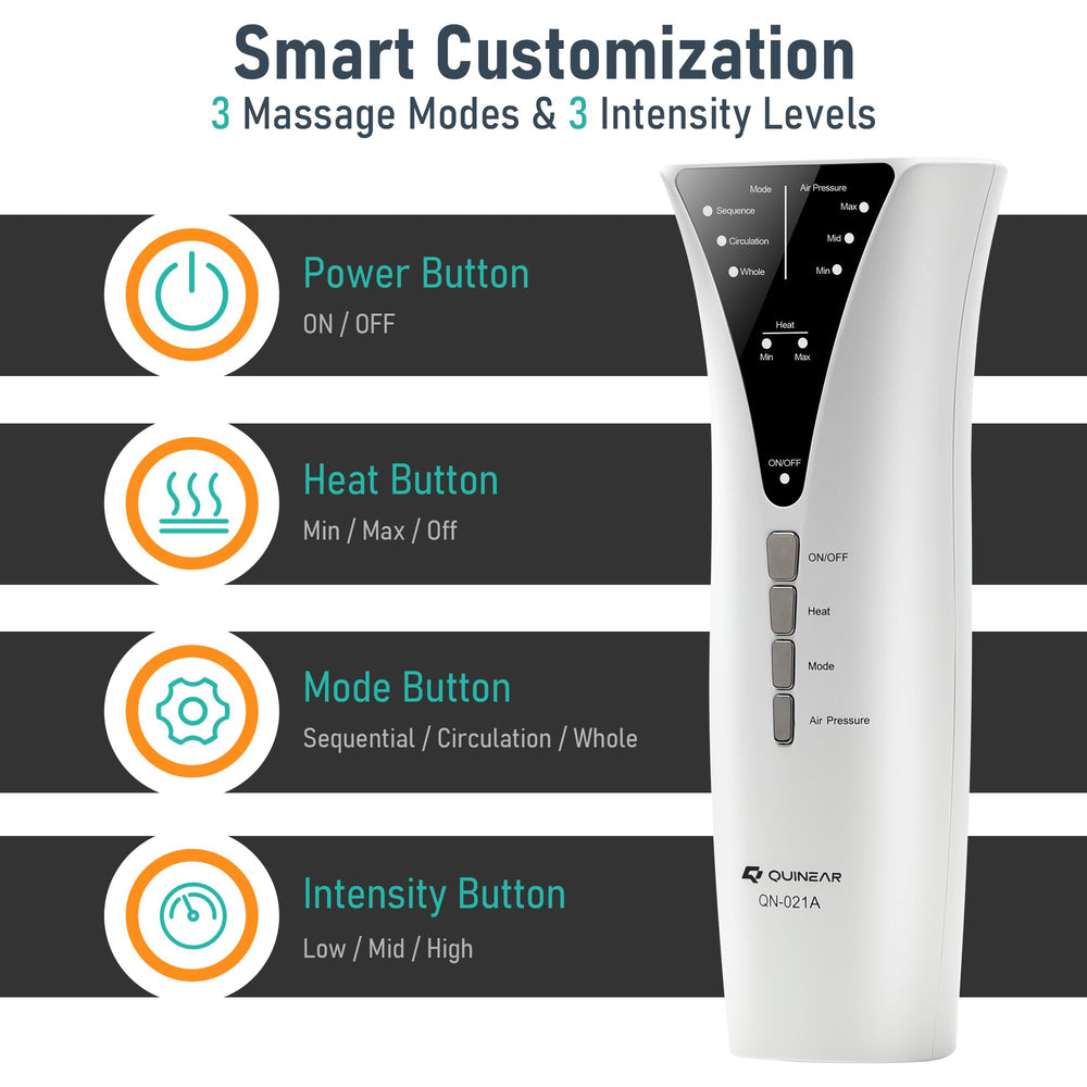 QUINEAR leg massager heat levels illustrated for warmth options