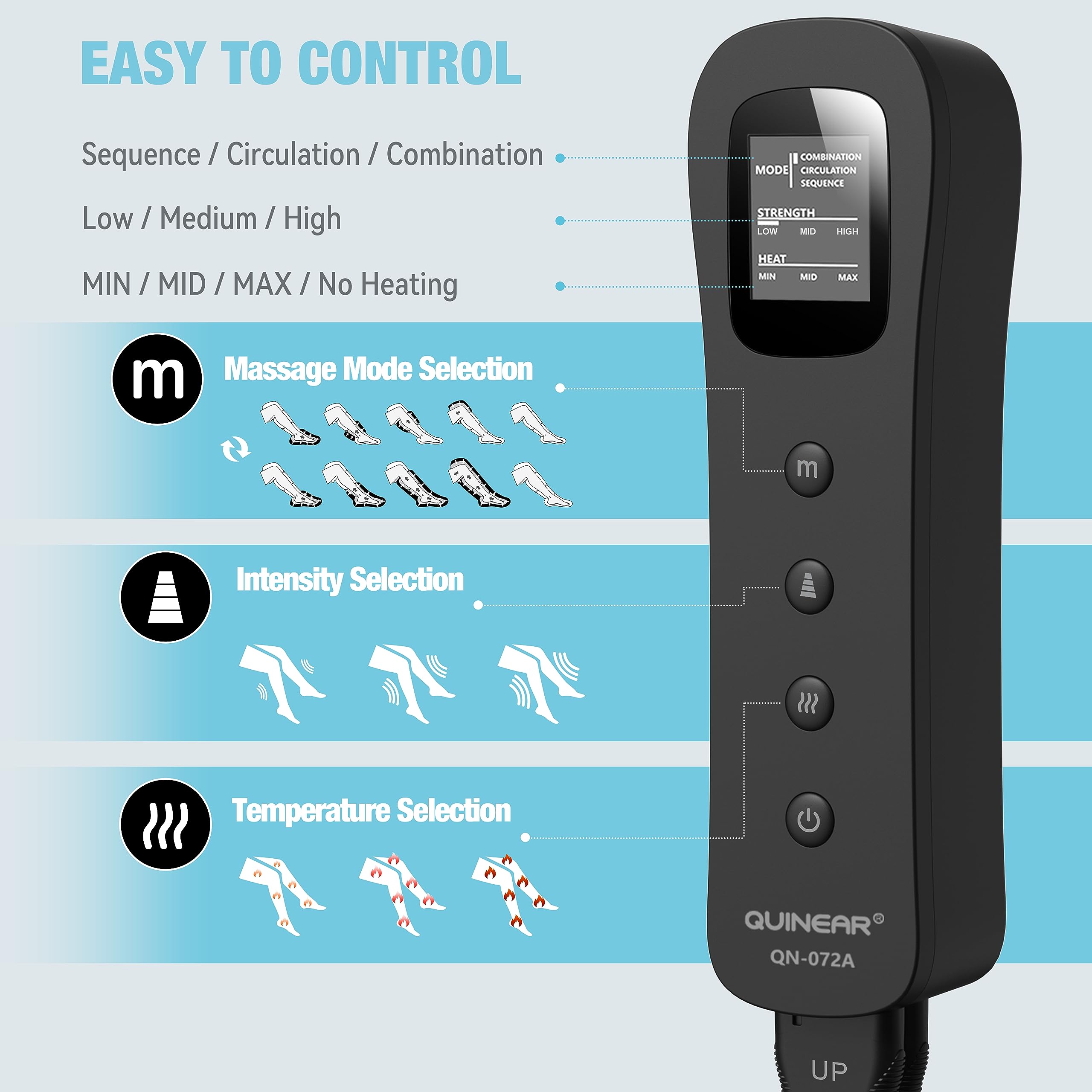 QUINEAR Leg Massager heat therapy with adjustable levels for deeper relaxation.
