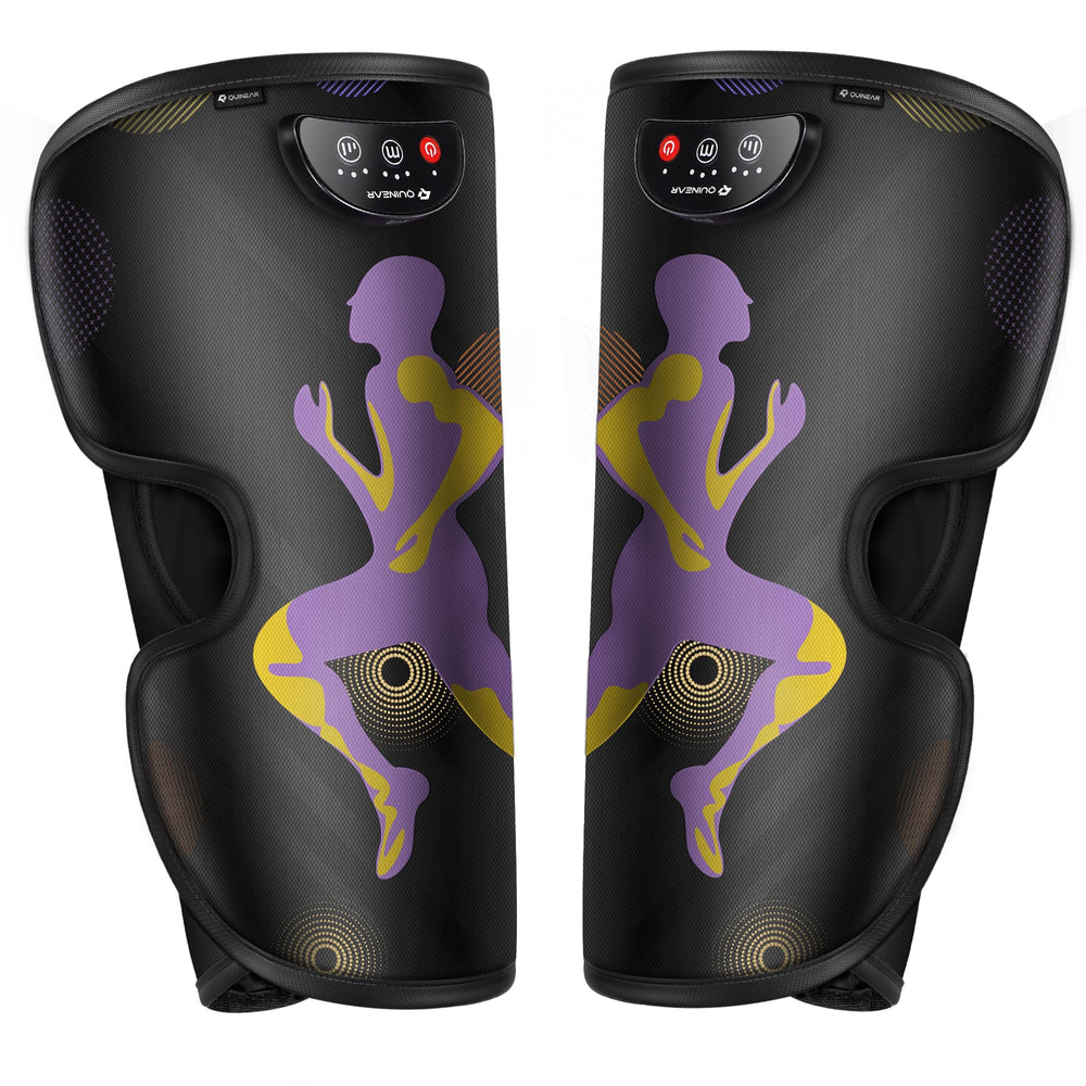 Quinear leg massager worn on the leg with adjustable straps for targeted comfort.