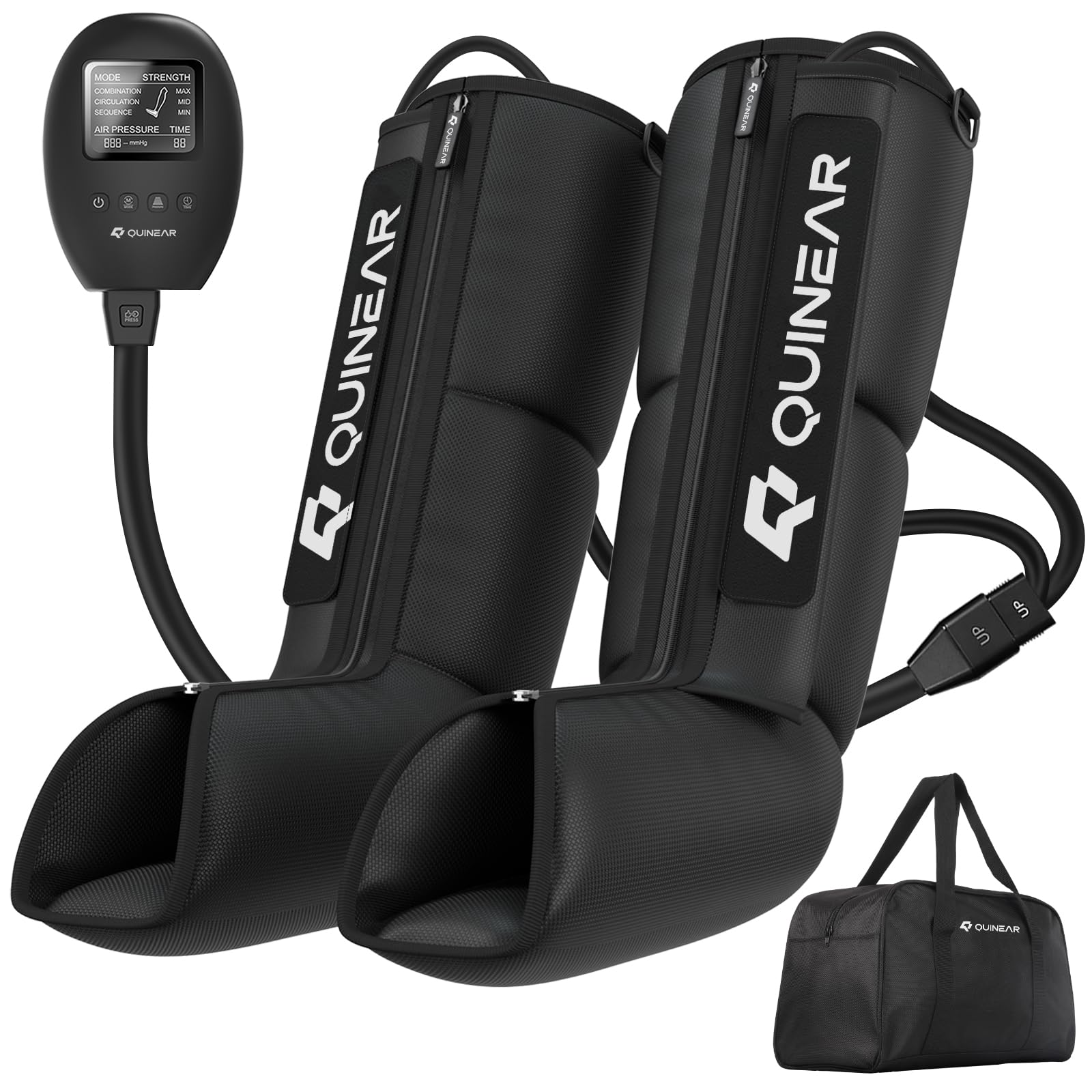 Quinear leg recovery system foot-calf wrap delivering targeted compression for improved circulation.