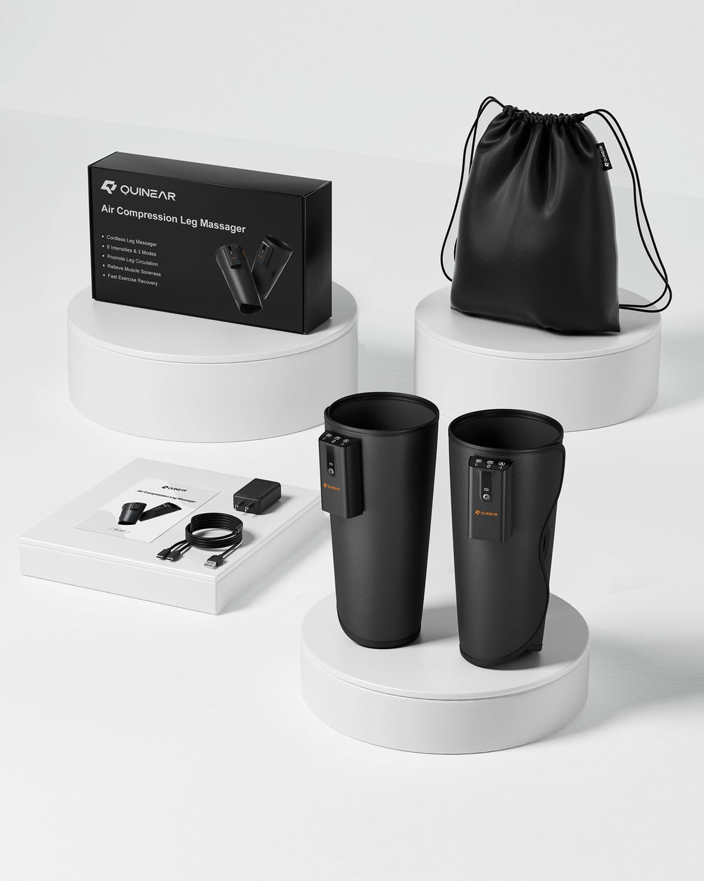 QUINEAR calf massager provides quiet relaxation at home after activities.